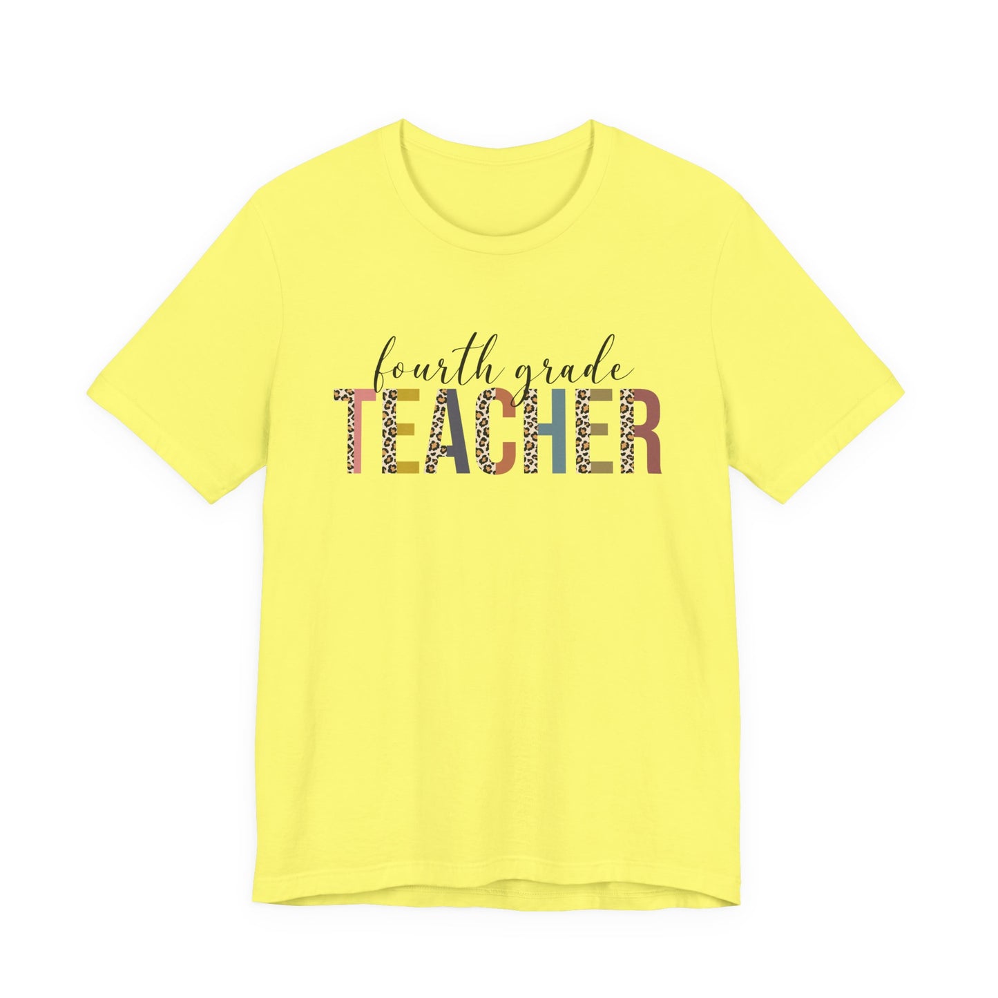 Fourth Grade Teacher Jersey Short Sleeve Tee, Leopard Print and Pastel Rainbow Design T-Shirt, School Teacher Gifts, Back to School T