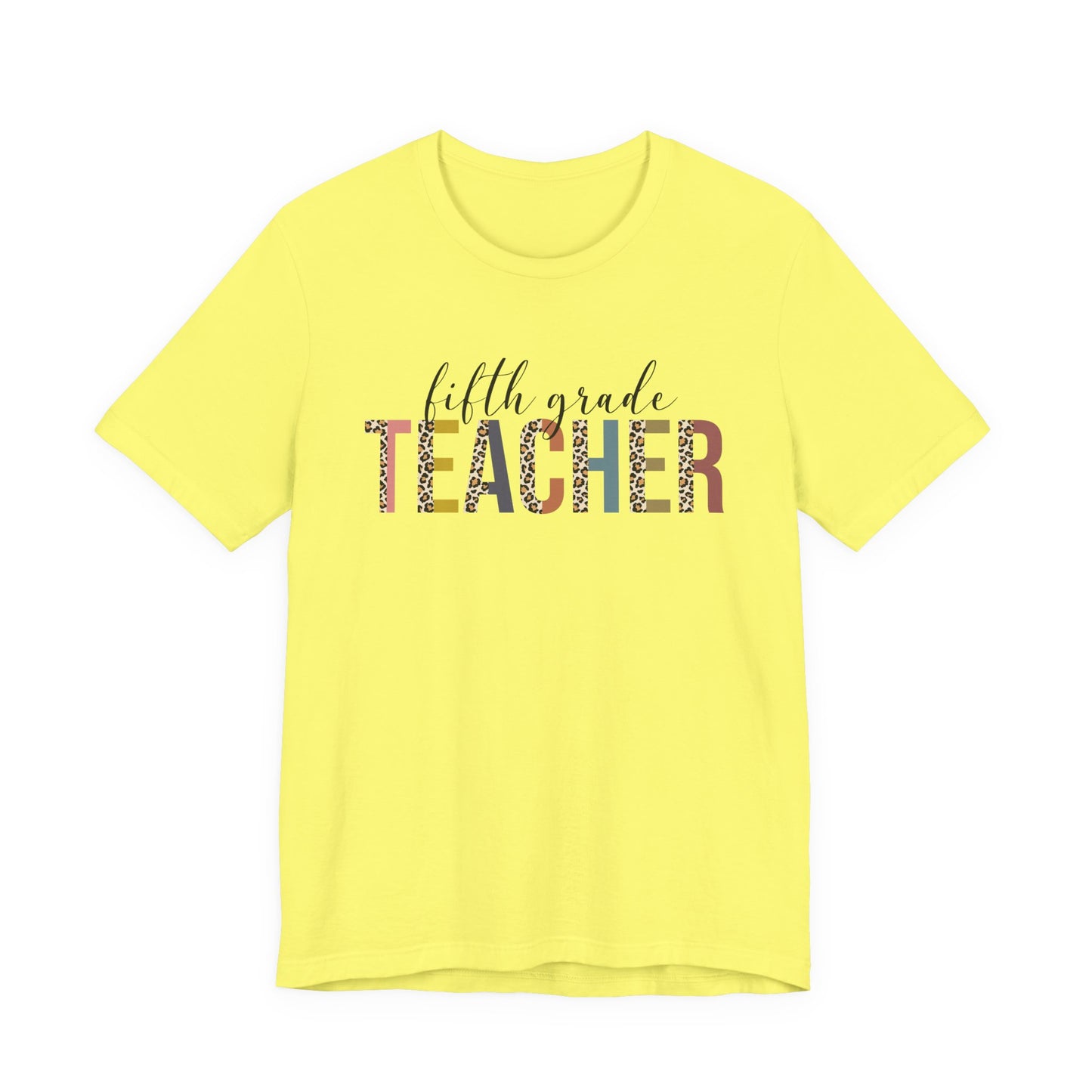 Fifth Grade Teacher Jersey Short Sleeve Tee, Leopard Print and Pastel Rainbow Design T-Shirt, School Teacher Gifts, Back to School