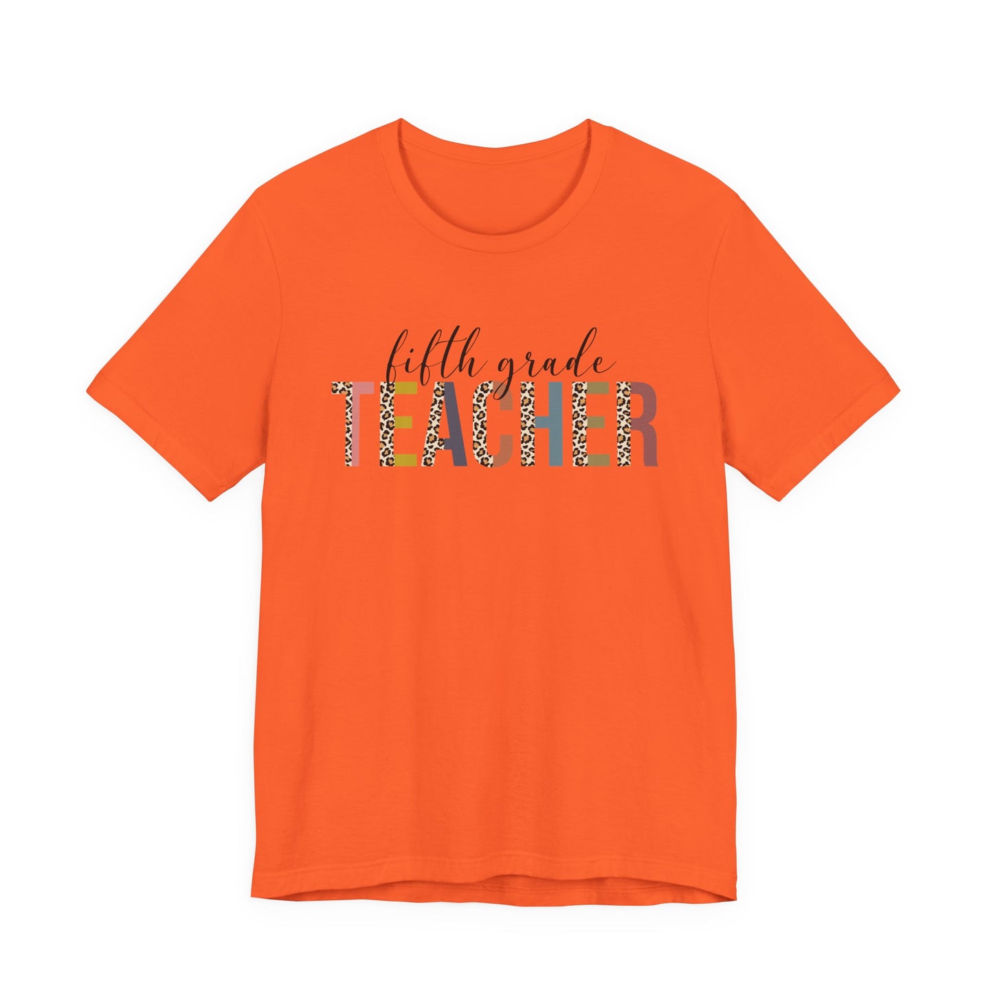 Fifth Grade Teacher Jersey Short Sleeve Tee, Leopard Print and Pastel Rainbow Design T-Shirt, School Teacher Gifts, Back to School