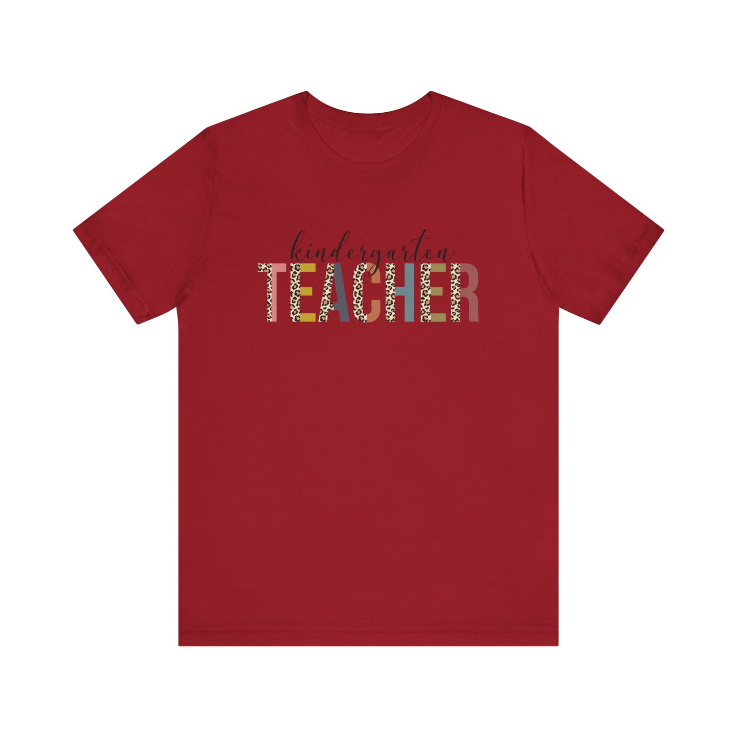 Kindergarten Teacher Jersey Short Sleeve Tee, Leopard Print and Pastel Rainbow Design T-Shirt, School Teacher Gifts, Back to School Tee