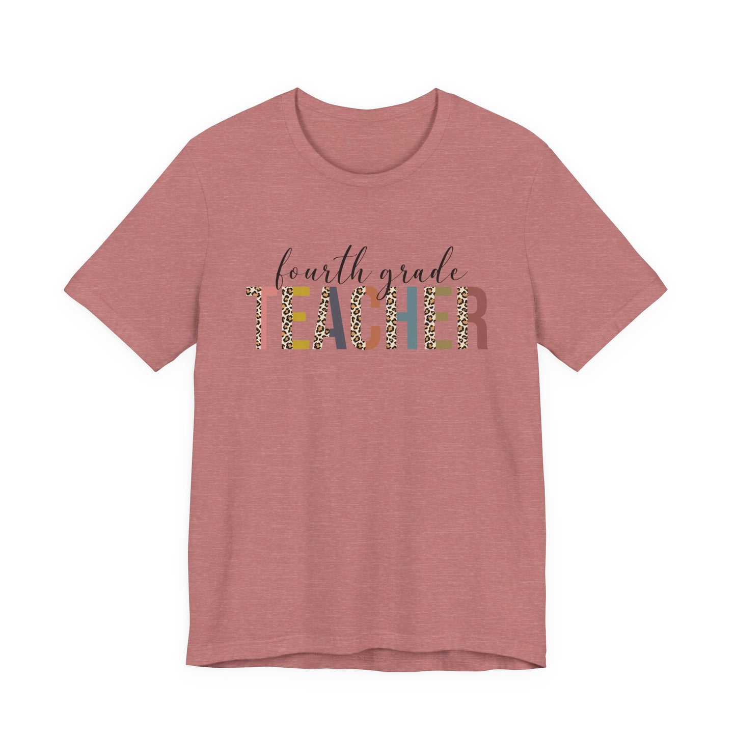 Fourth Grade Teacher Jersey Short Sleeve Tee, Leopard Print and Pastel Rainbow Design T-Shirt, School Teacher Gifts, Back to School T