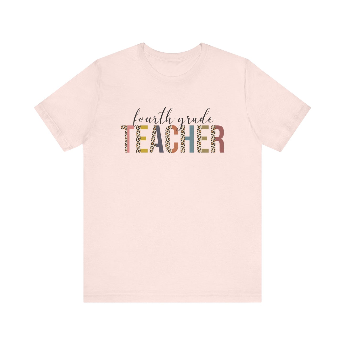 Fourth Grade Teacher Jersey Short Sleeve Tee, Leopard Print and Pastel Rainbow Design T-Shirt, School Teacher Gifts, Back to School T