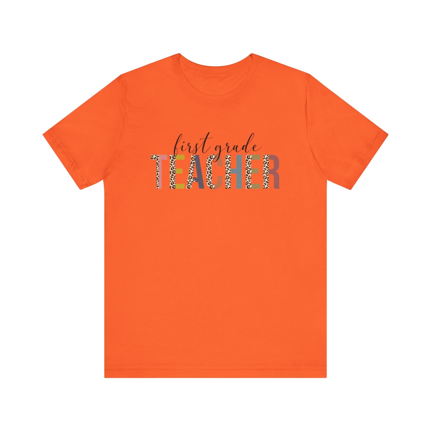 First Grade Teacher Jersey Short Sleeve Tee, Leopard Print and Pastel Rainbow Design T-Shirt, School Teacher Gifts, Back to School Tee