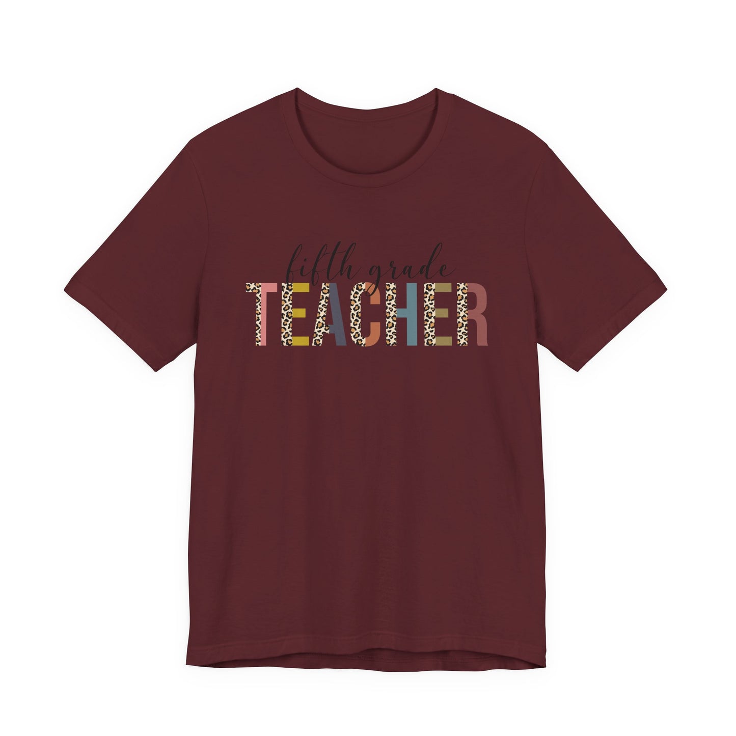 Fifth Grade Teacher Jersey Short Sleeve Tee, Leopard Print and Pastel Rainbow Design T-Shirt, School Teacher Gifts, Back to School