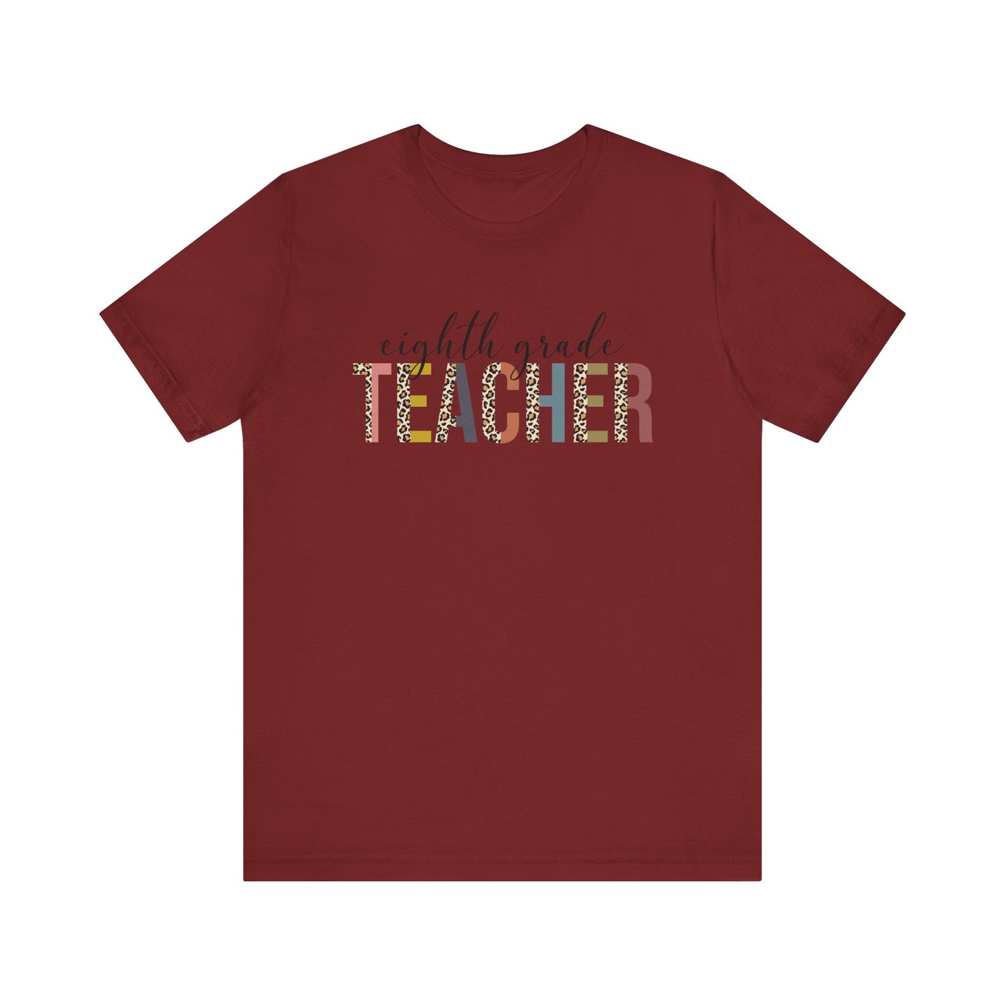 Eighth Grade Teacher Jersey Short Sleeve Tee, Leopard Print and Pastel Rainbow Design T-Shirt, School Teacher Gifts, Back to School