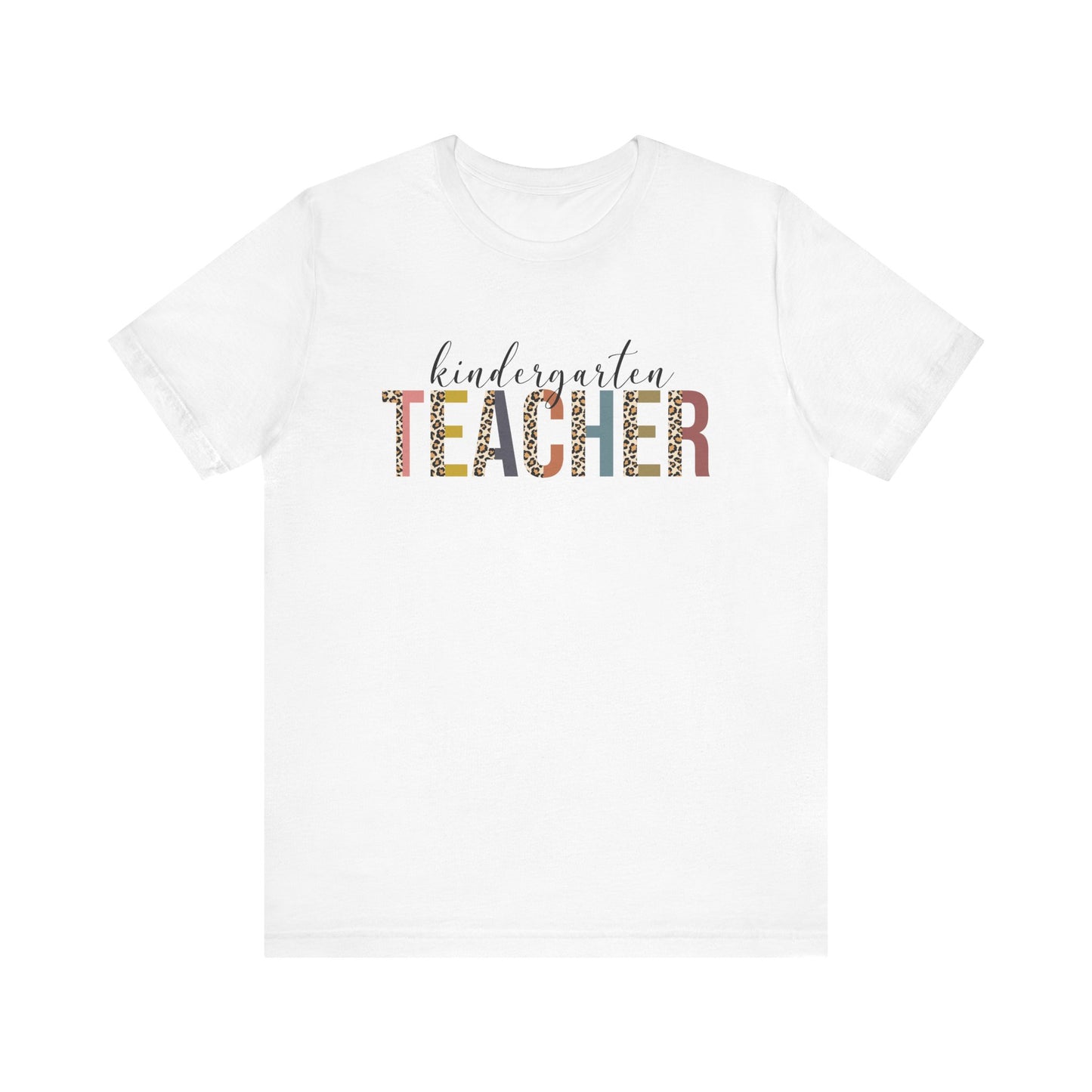 Kindergarten Teacher Jersey Short Sleeve Tee, Leopard Print and Pastel Rainbow Design T-Shirt, School Teacher Gifts, Back to School Tee