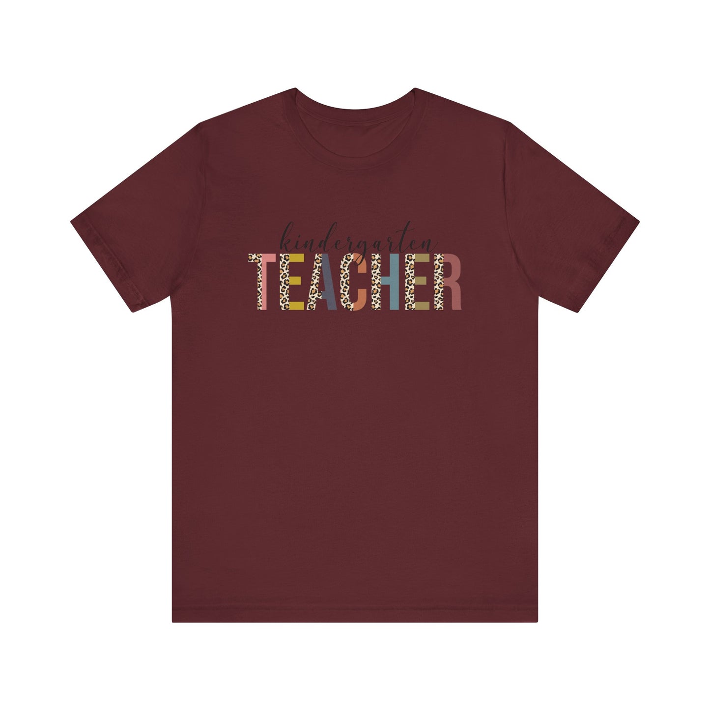 Kindergarten Teacher Jersey Short Sleeve Tee, Leopard Print and Pastel Rainbow Design T-Shirt, School Teacher Gifts, Back to School Tee