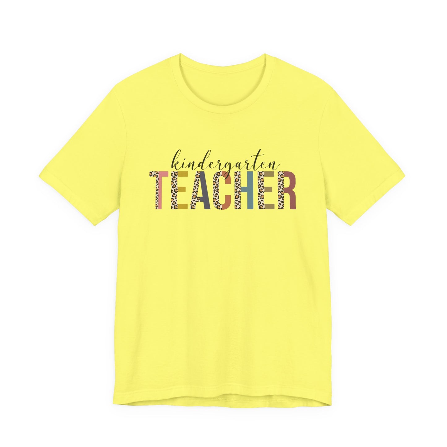 Kindergarten Teacher Jersey Short Sleeve Tee, Leopard Print and Pastel Rainbow Design T-Shirt, School Teacher Gifts, Back to School Tee