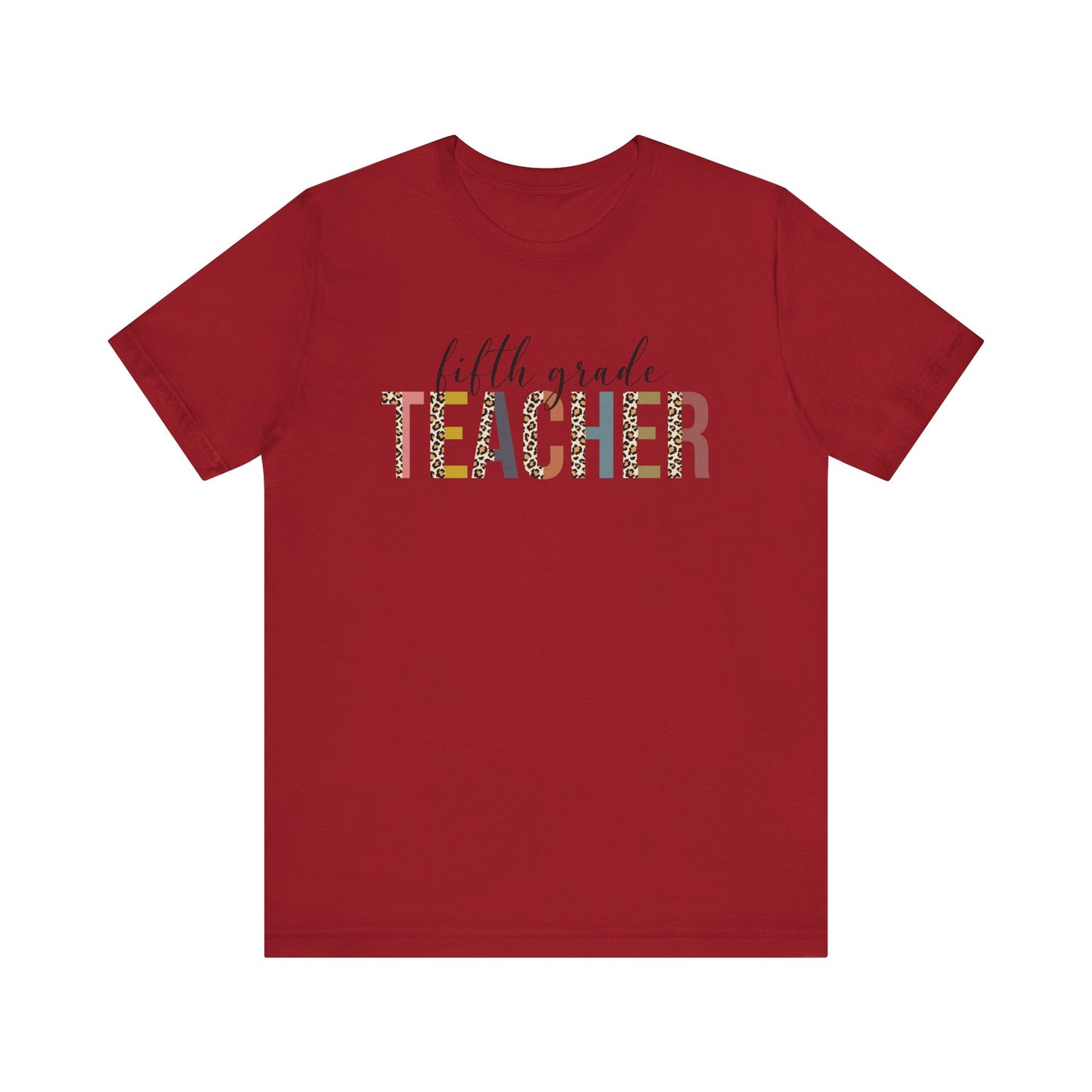 Fifth Grade Teacher Jersey Short Sleeve Tee, Leopard Print and Pastel Rainbow Design T-Shirt, School Teacher Gifts, Back to School