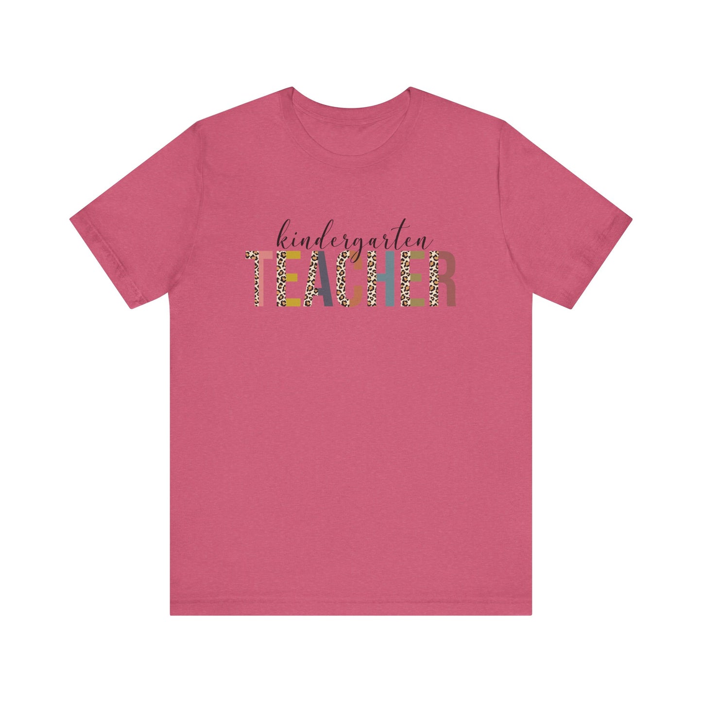 Kindergarten Teacher Jersey Short Sleeve Tee, Leopard Print and Pastel Rainbow Design T-Shirt, School Teacher Gifts, Back to School Tee