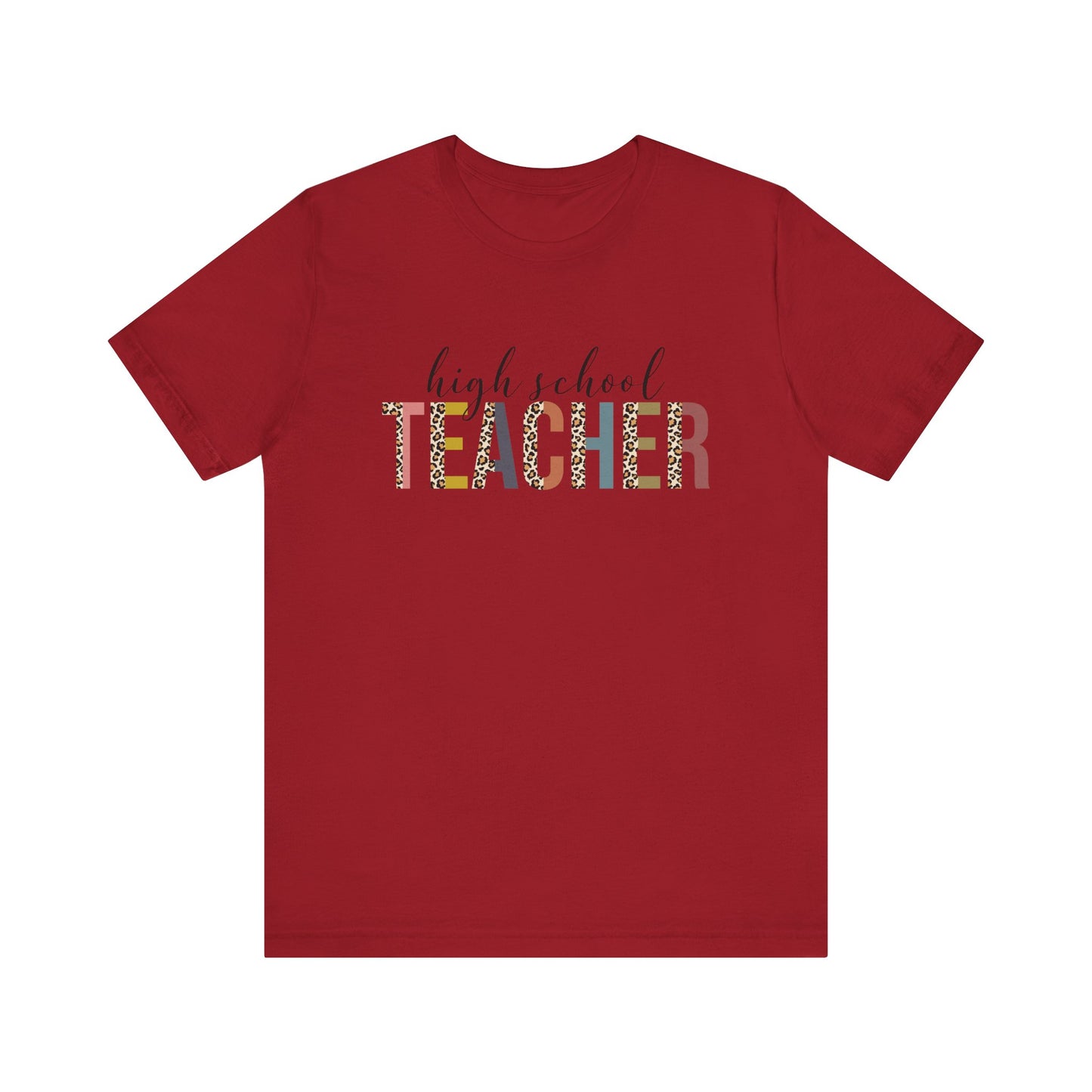 High School Teacher Jersey Short Sleeve Tee, Leopard Print and Pastel Rainbow Design T-Shirt, School Teacher Gifts, Back to School
