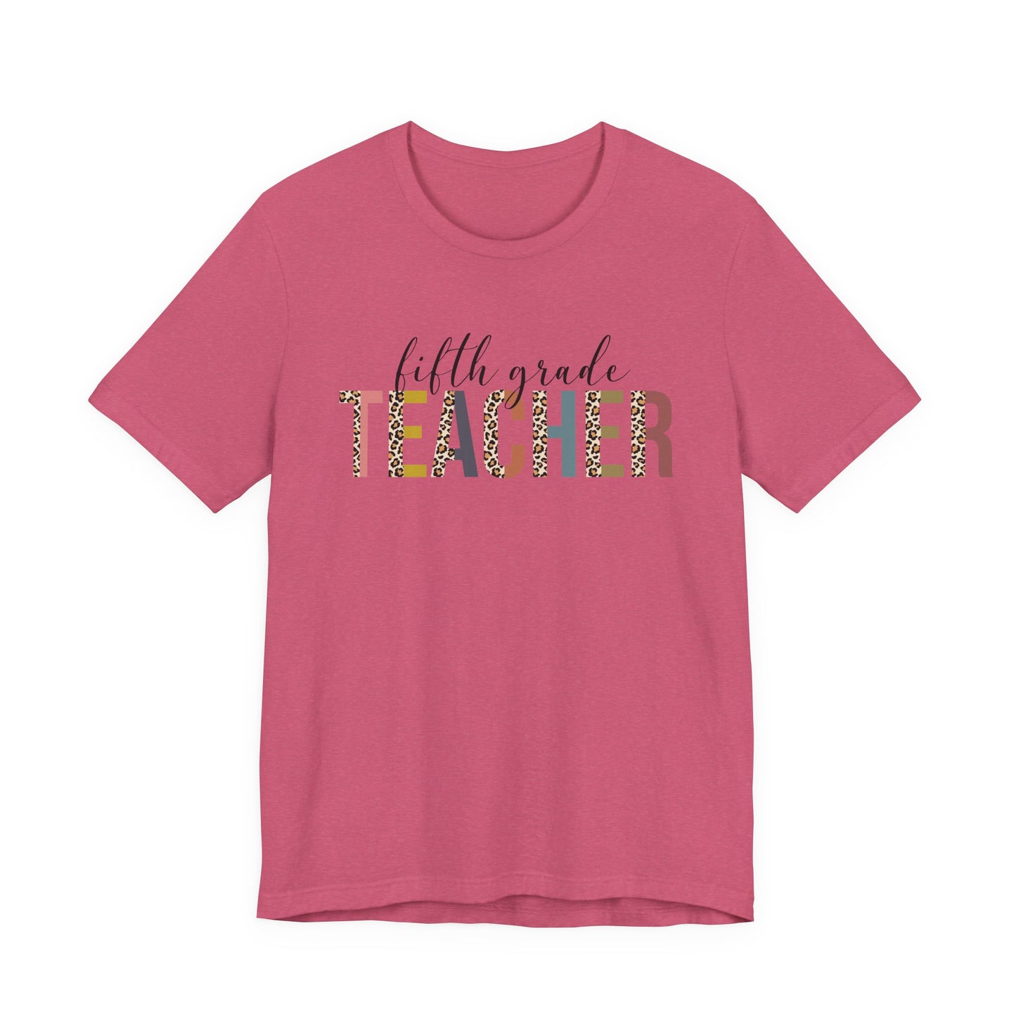 Fifth Grade Teacher Jersey Short Sleeve Tee, Leopard Print and Pastel Rainbow Design T-Shirt, School Teacher Gifts, Back to School