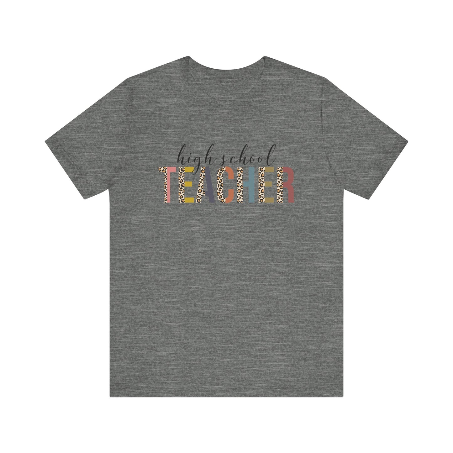 High School Teacher Jersey Short Sleeve Tee, Leopard Print and Pastel Rainbow Design T-Shirt, School Teacher Gifts, Back to School