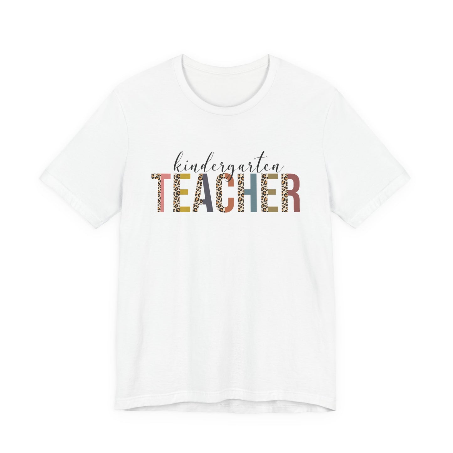 Kindergarten Teacher Jersey Short Sleeve Tee, Leopard Print and Pastel Rainbow Design T-Shirt, School Teacher Gifts, Back to School Tee