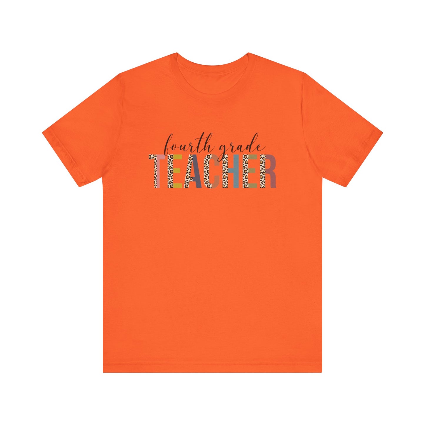 Fourth Grade Teacher Jersey Short Sleeve Tee, Leopard Print and Pastel Rainbow Design T-Shirt, School Teacher Gifts, Back to School T
