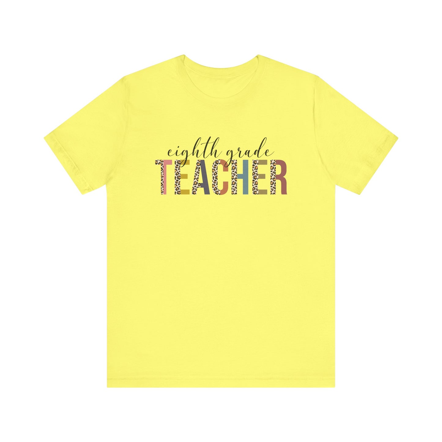 Eighth Grade Teacher Jersey Short Sleeve Tee, Leopard Print and Pastel Rainbow Design T-Shirt, School Teacher Gifts, Back to School
