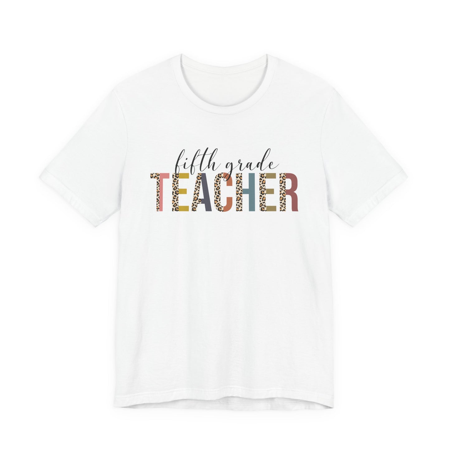 Fifth Grade Teacher Jersey Short Sleeve Tee, Leopard Print and Pastel Rainbow Design T-Shirt, School Teacher Gifts, Back to School