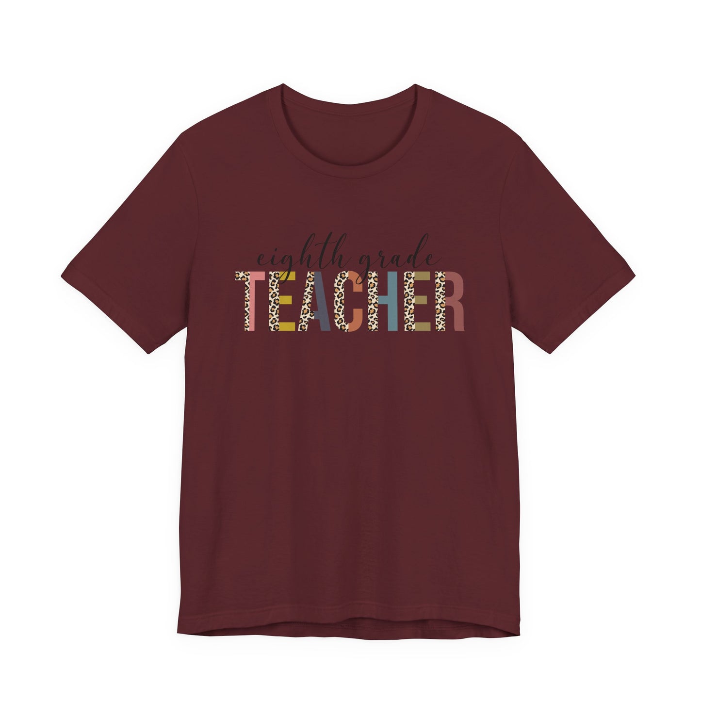 Eighth Grade Teacher Jersey Short Sleeve Tee, Leopard Print and Pastel Rainbow Design T-Shirt, School Teacher Gifts, Back to School