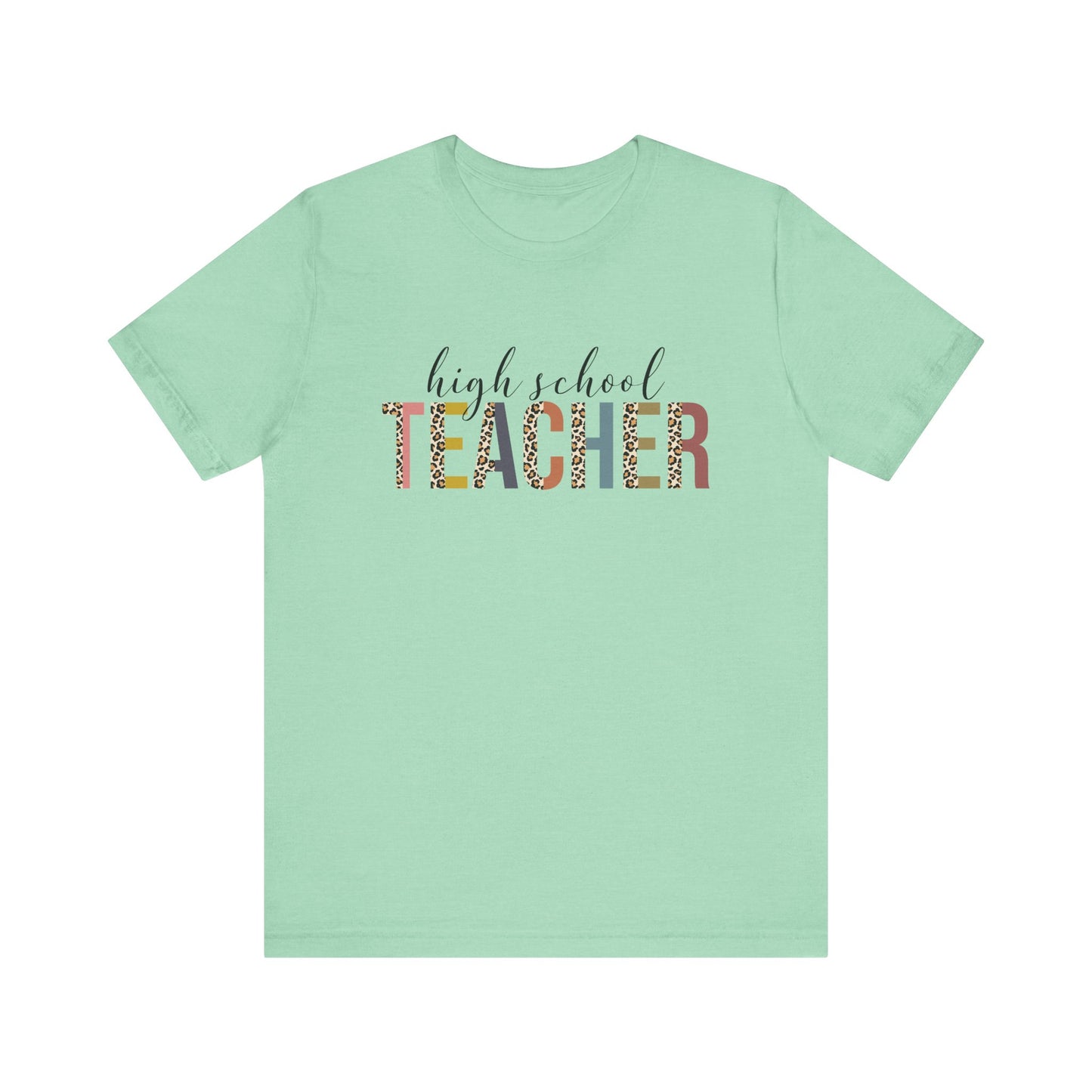 High School Teacher Jersey Short Sleeve Tee, Leopard Print and Pastel Rainbow Design T-Shirt, School Teacher Gifts, Back to School