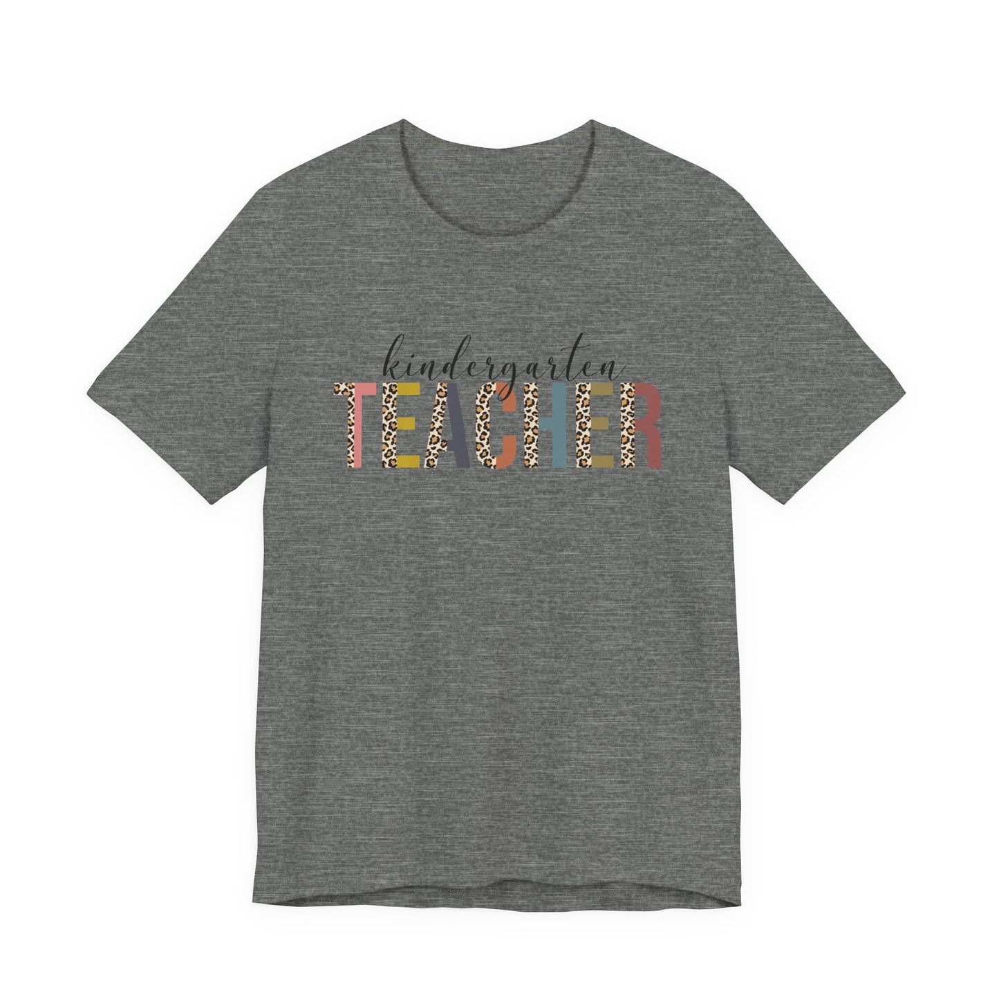 Kindergarten Teacher Jersey Short Sleeve Tee, Leopard Print and Pastel Rainbow Design T-Shirt, School Teacher Gifts, Back to School Tee