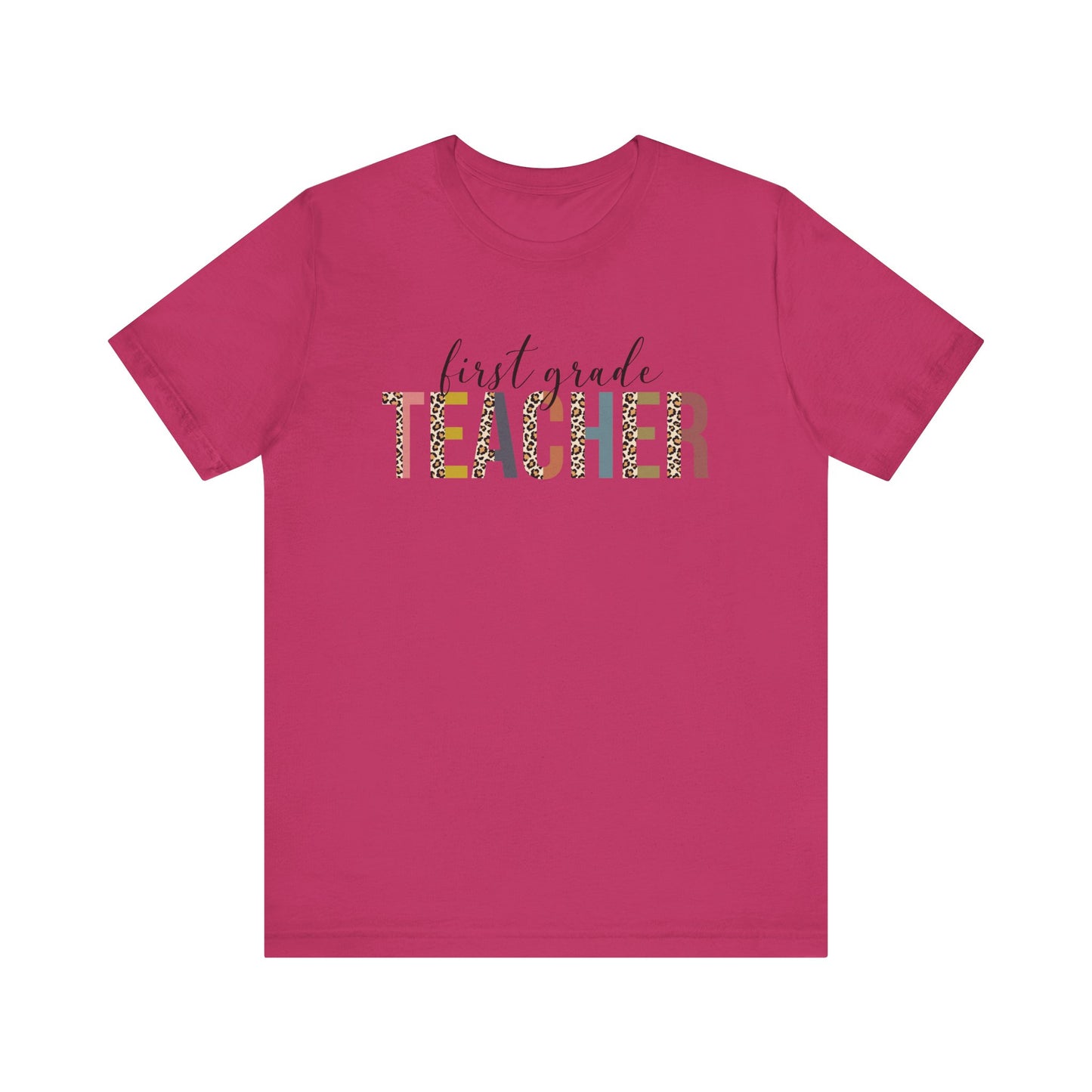 First Grade Teacher Jersey Short Sleeve Tee, Leopard Print and Pastel Rainbow Design T-Shirt, School Teacher Gifts, Back to School Tee