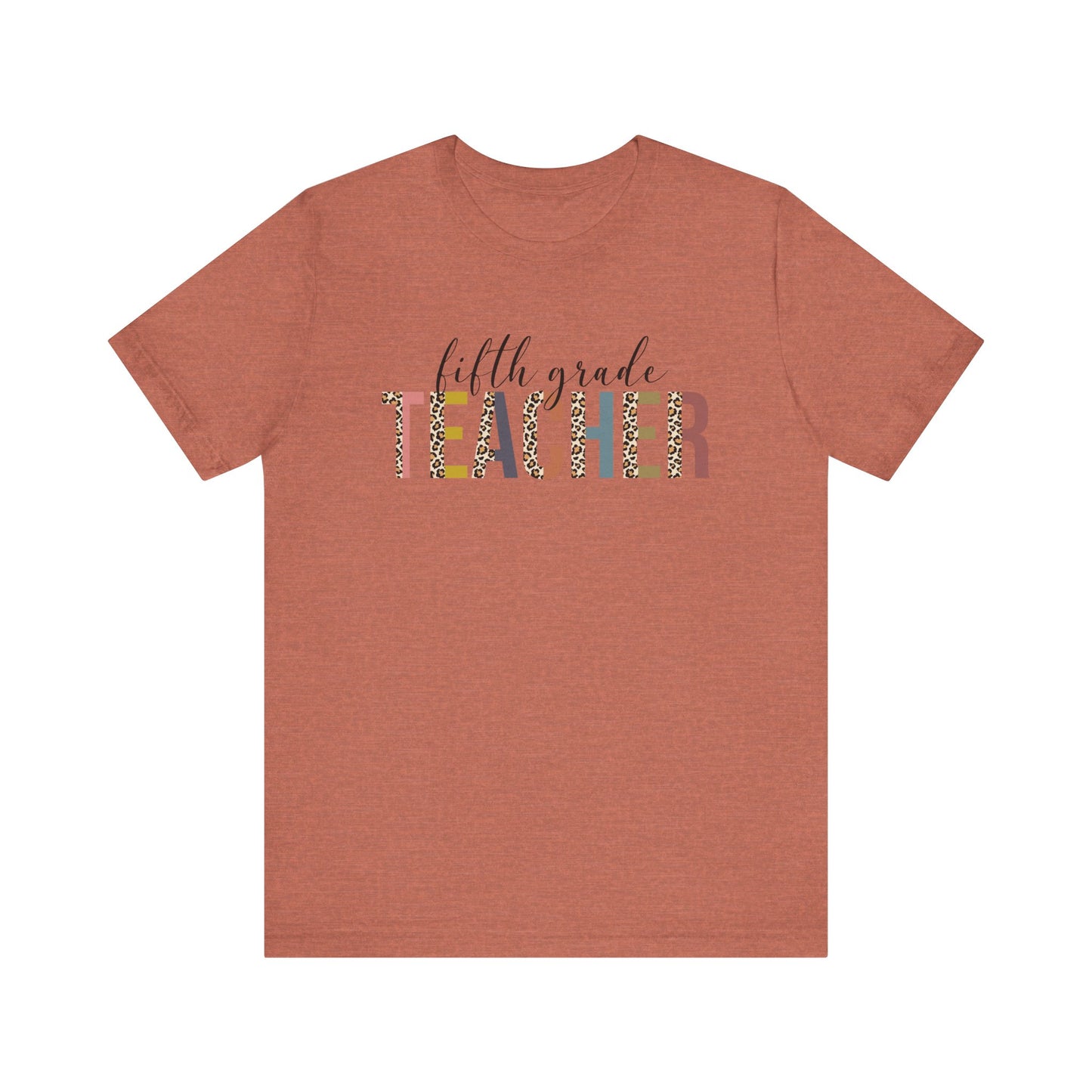 Fifth Grade Teacher Jersey Short Sleeve Tee, Leopard Print and Pastel Rainbow Design T-Shirt, School Teacher Gifts, Back to School