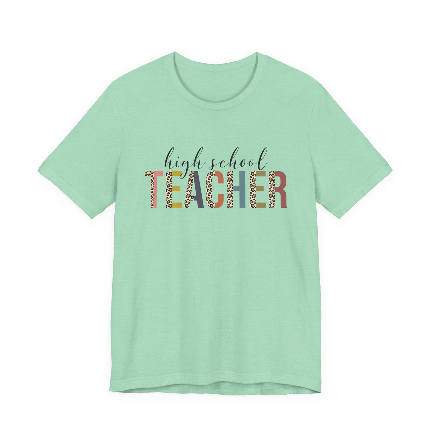 High School Teacher Jersey Short Sleeve Tee, Leopard Print and Pastel Rainbow Design T-Shirt, School Teacher Gifts, Back to School