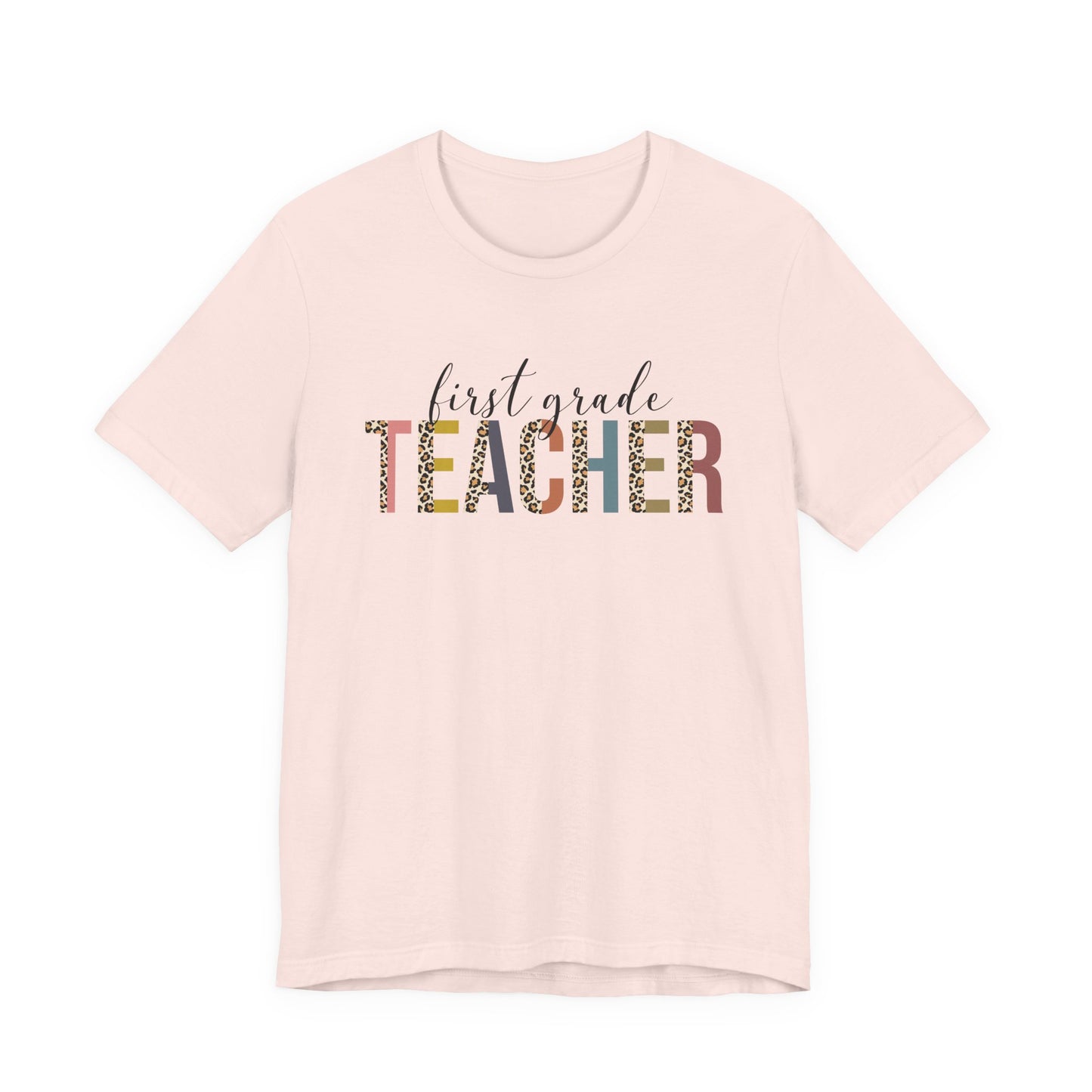 First Grade Teacher Jersey Short Sleeve Tee, Leopard Print and Pastel Rainbow Design T-Shirt, School Teacher Gifts, Back to School Tee