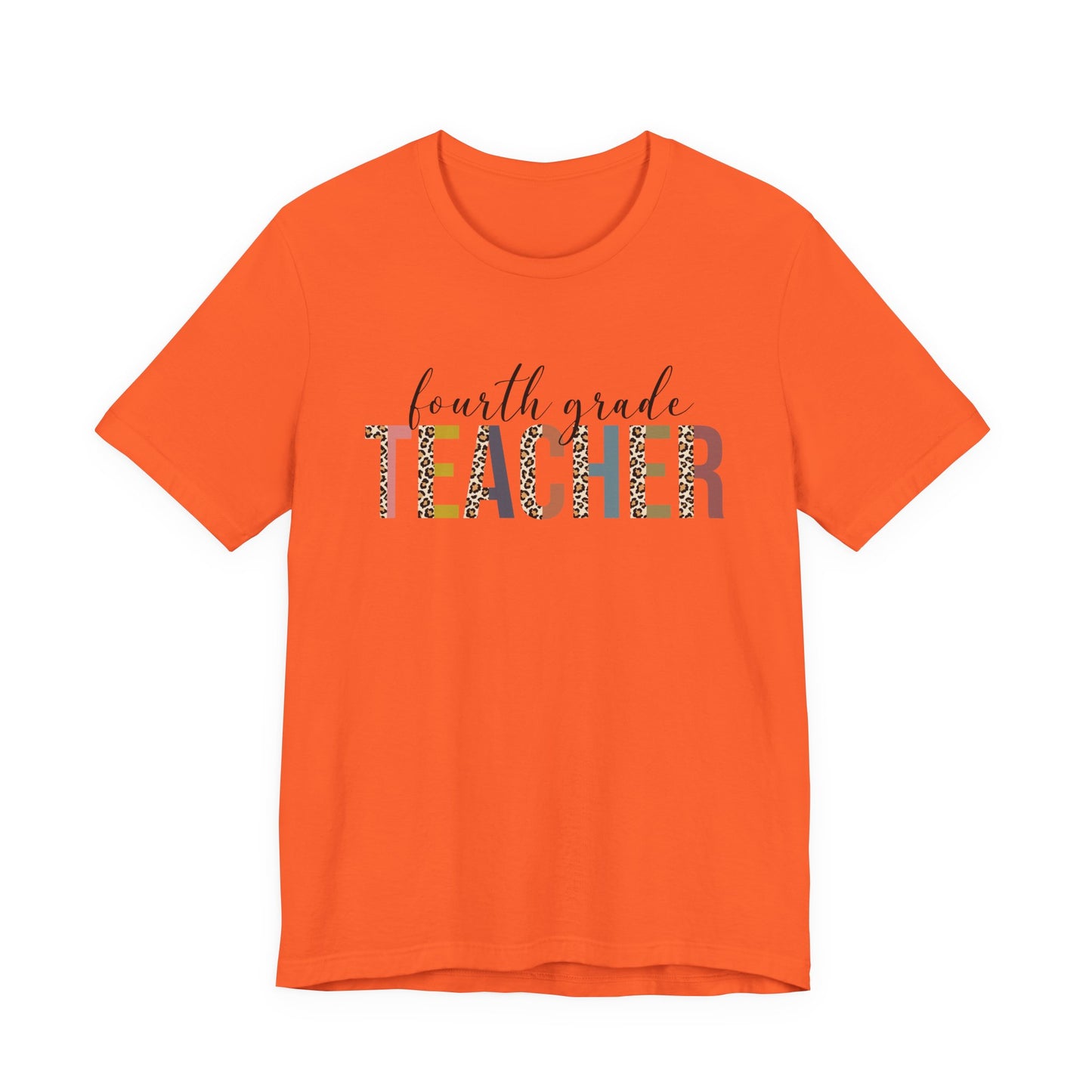 Fourth Grade Teacher Jersey Short Sleeve Tee, Leopard Print and Pastel Rainbow Design T-Shirt, School Teacher Gifts, Back to School T