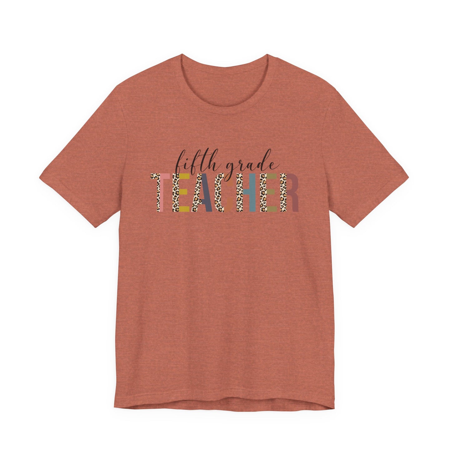 Fifth Grade Teacher Jersey Short Sleeve Tee, Leopard Print and Pastel Rainbow Design T-Shirt, School Teacher Gifts, Back to School