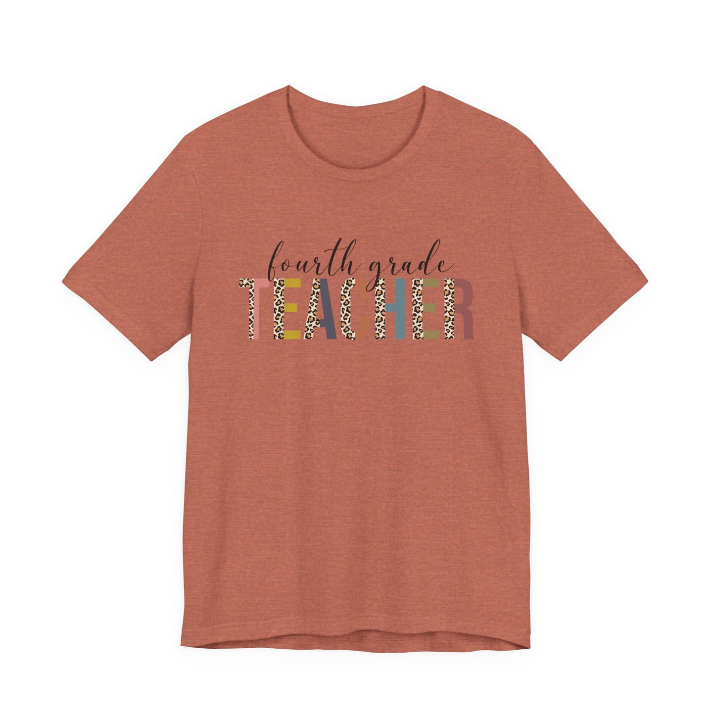 Fourth Grade Teacher Jersey Short Sleeve Tee, Leopard Print and Pastel Rainbow Design T-Shirt, School Teacher Gifts, Back to School T
