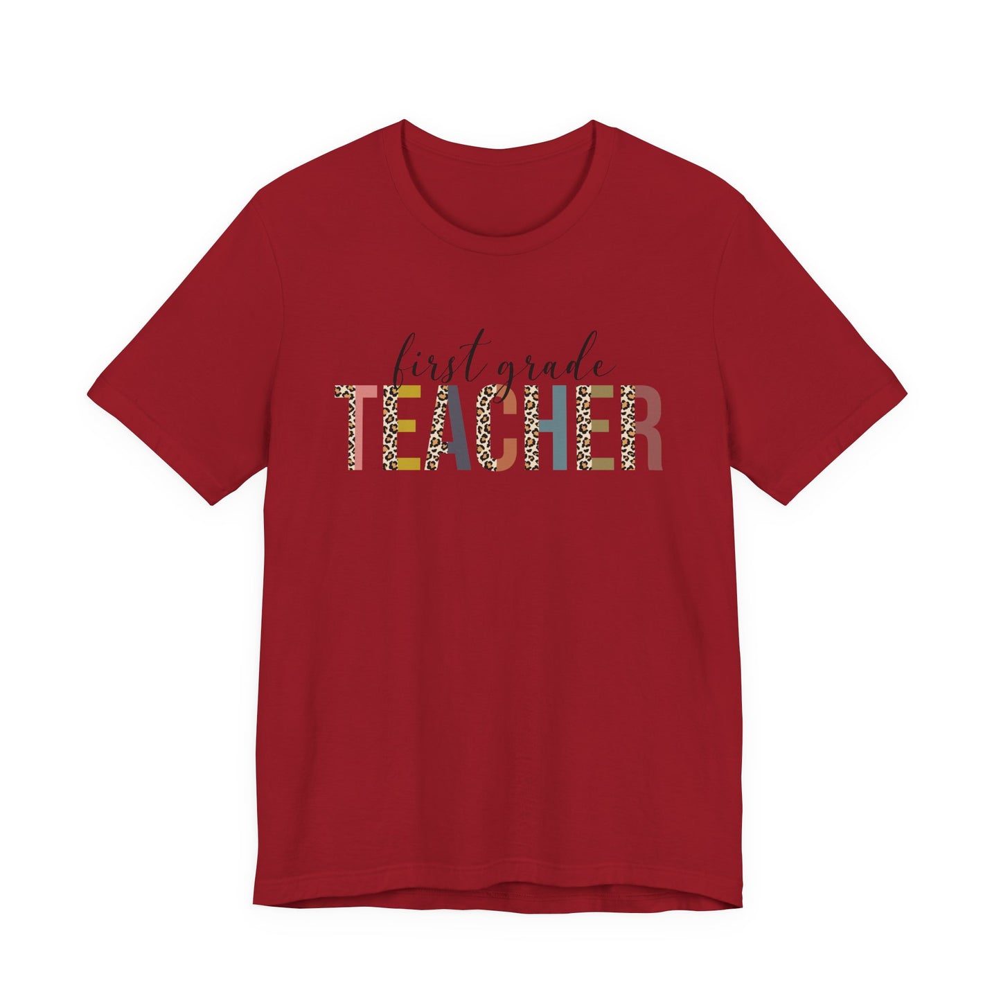 First Grade Teacher Jersey Short Sleeve Tee, Leopard Print and Pastel Rainbow Design T-Shirt, School Teacher Gifts, Back to School Tee
