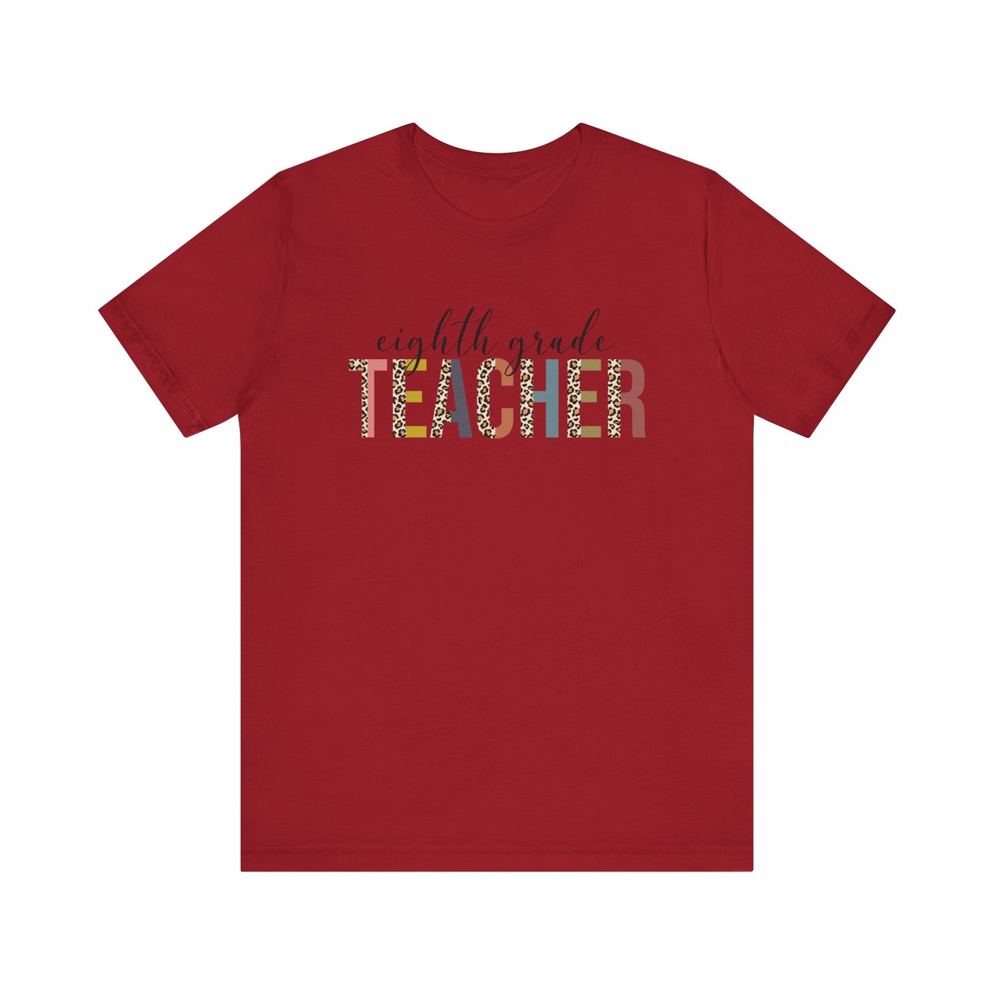 Eighth Grade Teacher Jersey Short Sleeve Tee, Leopard Print and Pastel Rainbow Design T-Shirt, School Teacher Gifts, Back to School