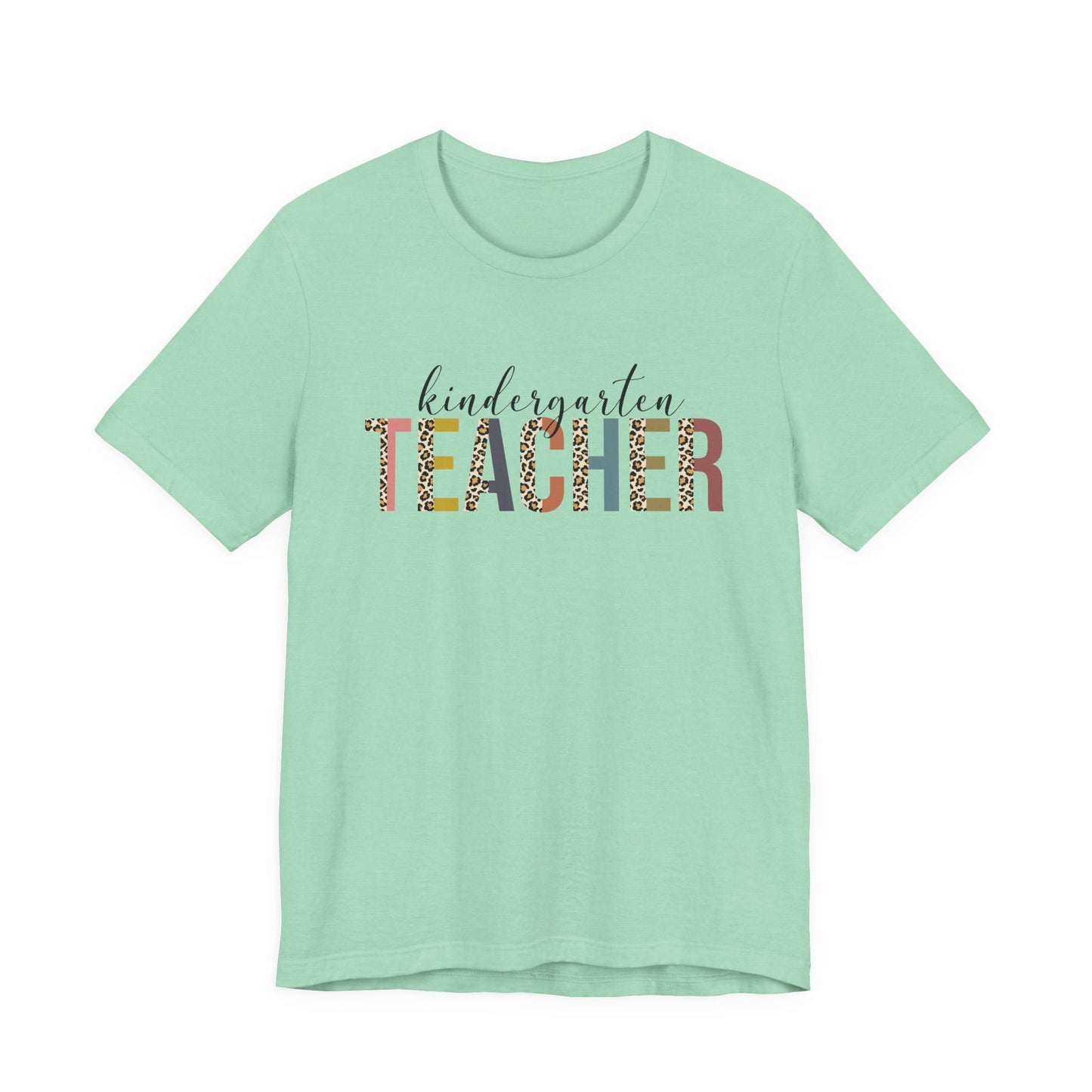 Kindergarten Teacher Jersey Short Sleeve Tee, Leopard Print and Pastel Rainbow Design T-Shirt, School Teacher Gifts, Back to School Tee