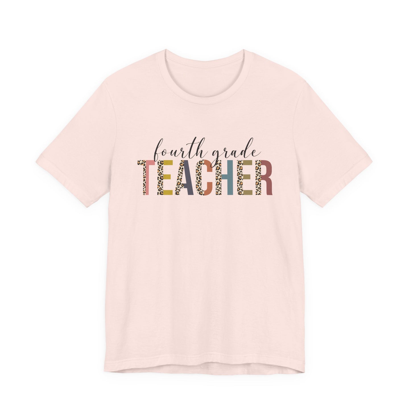 Fourth Grade Teacher Jersey Short Sleeve Tee, Leopard Print and Pastel Rainbow Design T-Shirt, School Teacher Gifts, Back to School T