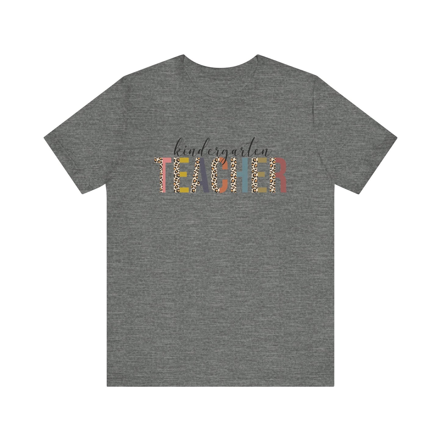 Kindergarten Teacher Jersey Short Sleeve Tee, Leopard Print and Pastel Rainbow Design T-Shirt, School Teacher Gifts, Back to School Tee