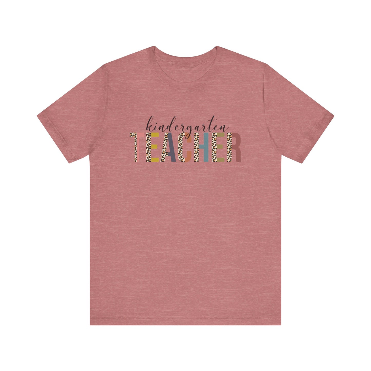 Kindergarten Teacher Jersey Short Sleeve Tee, Leopard Print and Pastel Rainbow Design T-Shirt, School Teacher Gifts, Back to School Tee