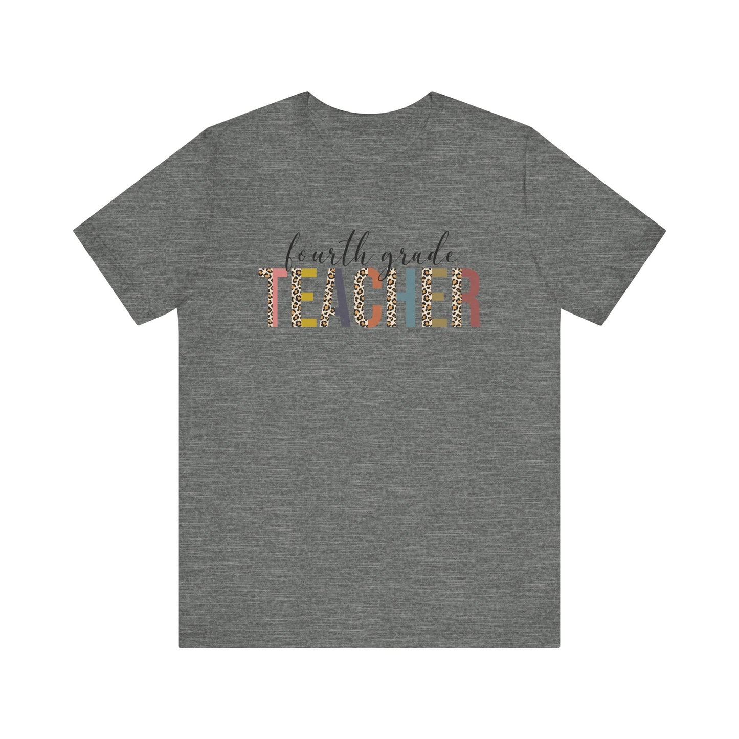 Fourth Grade Teacher Jersey Short Sleeve Tee, Leopard Print and Pastel Rainbow Design T-Shirt, School Teacher Gifts, Back to School T