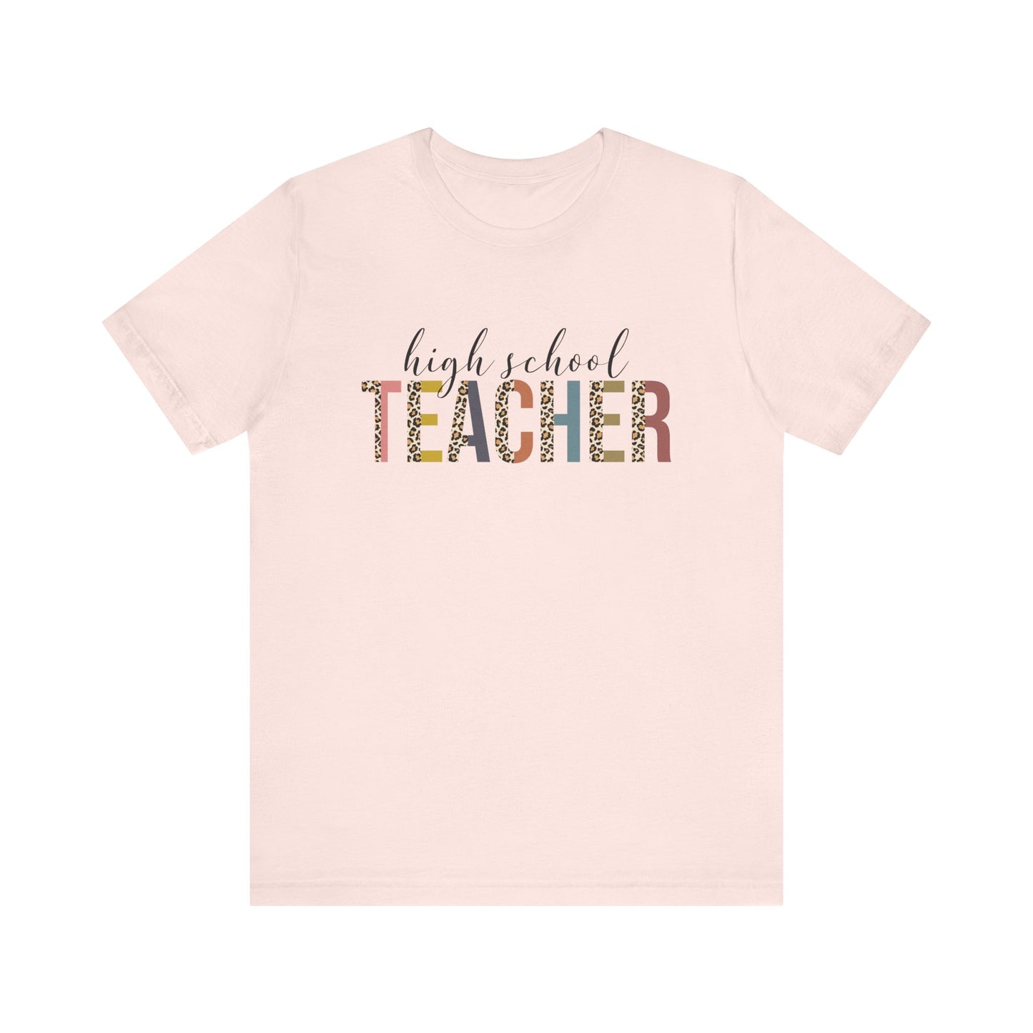 High School Teacher Jersey Short Sleeve Tee, Leopard Print and Pastel Rainbow Design T-Shirt, School Teacher Gifts, Back to School
