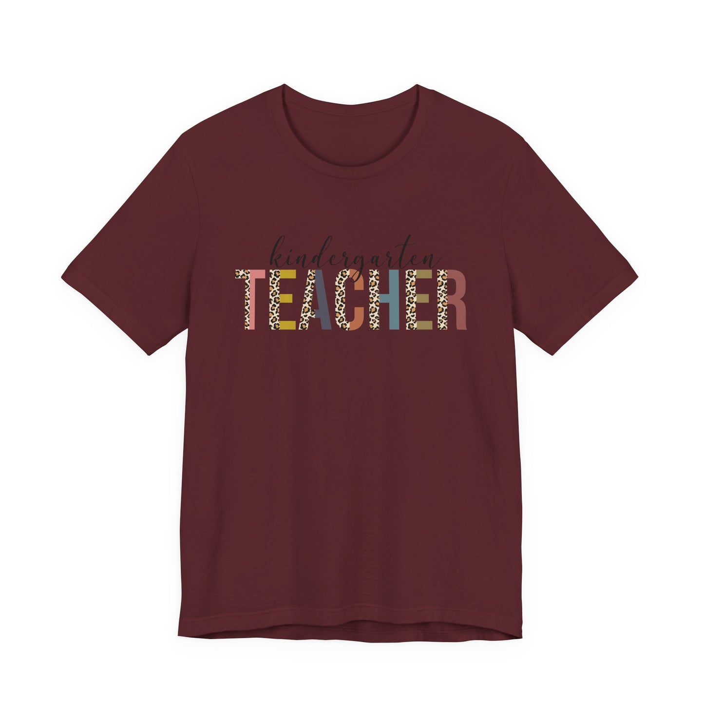 Kindergarten Teacher Jersey Short Sleeve Tee, Leopard Print and Pastel Rainbow Design T-Shirt, School Teacher Gifts, Back to School Tee