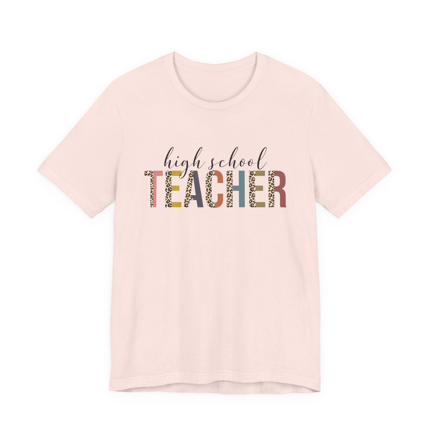 High School Teacher Jersey Short Sleeve Tee, Leopard Print and Pastel Rainbow Design T-Shirt, School Teacher Gifts, Back to School