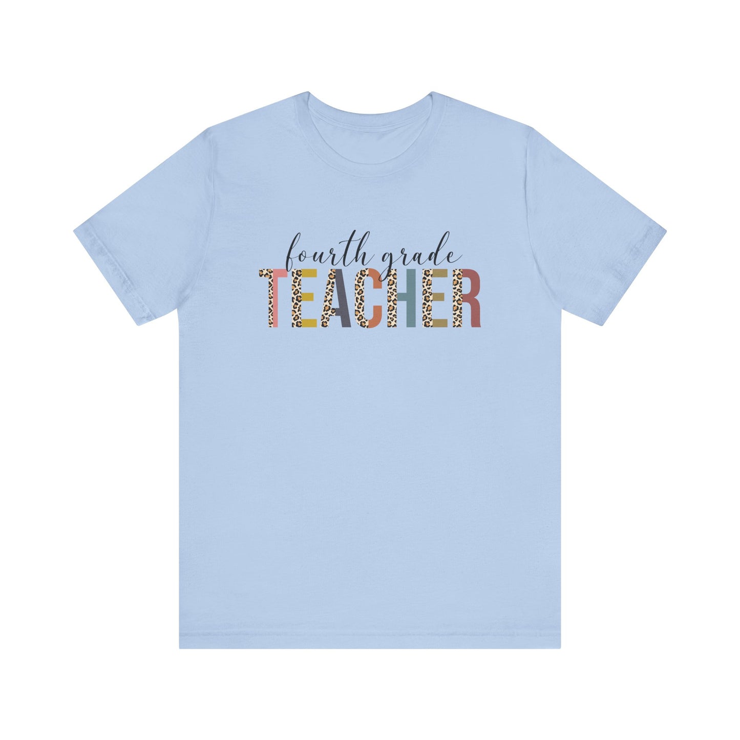 Fourth Grade Teacher Jersey Short Sleeve Tee, Leopard Print and Pastel Rainbow Design T-Shirt, School Teacher Gifts, Back to School T