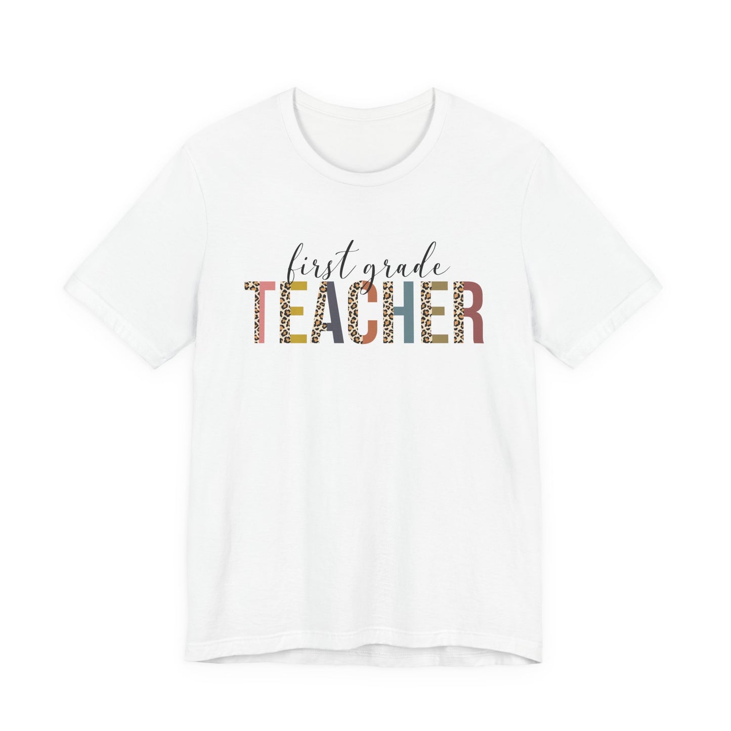 First Grade Teacher Jersey Short Sleeve Tee, Leopard Print and Pastel Rainbow Design T-Shirt, School Teacher Gifts, Back to School Tee