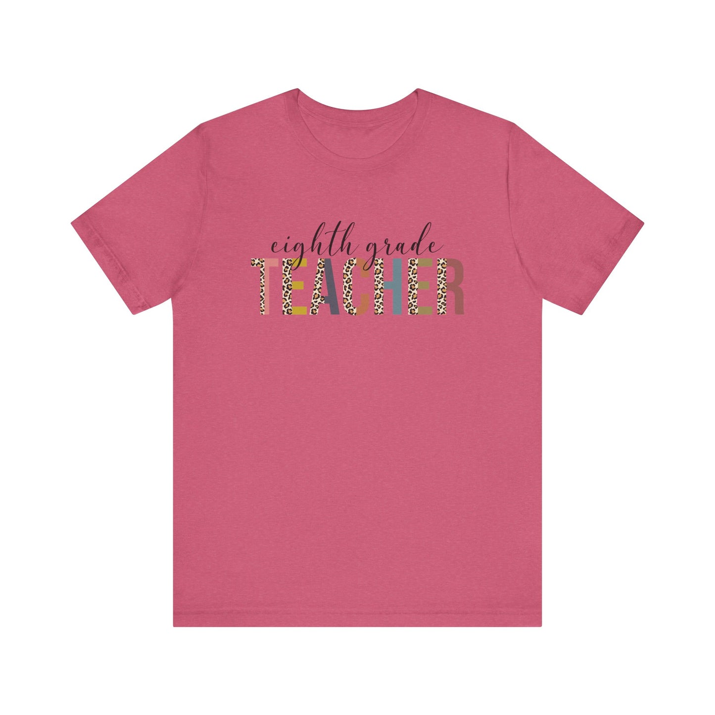 Eighth Grade Teacher Jersey Short Sleeve Tee, Leopard Print and Pastel Rainbow Design T-Shirt, School Teacher Gifts, Back to School