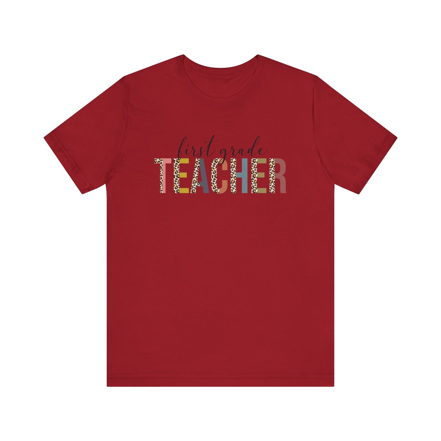 First Grade Teacher Jersey Short Sleeve Tee, Leopard Print and Pastel Rainbow Design T-Shirt, School Teacher Gifts, Back to School Tee