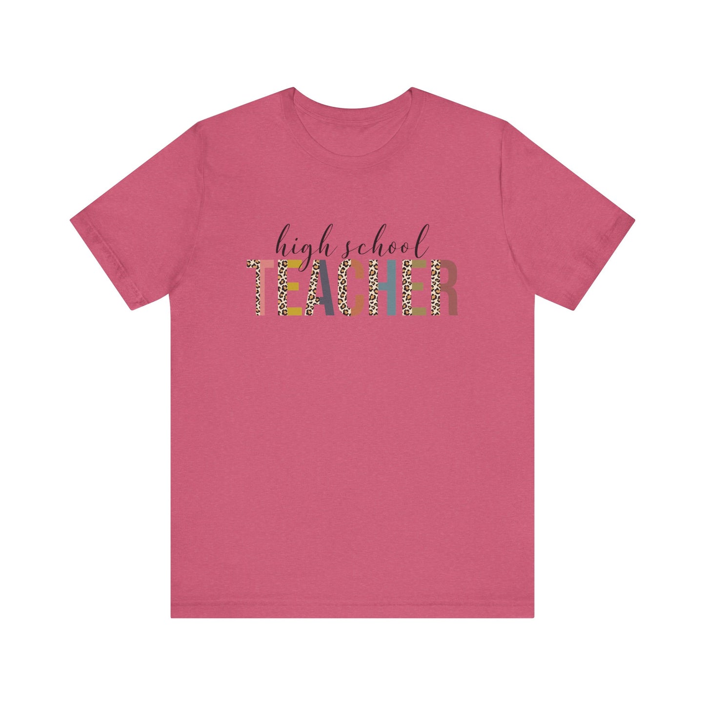 High School Teacher Jersey Short Sleeve Tee, Leopard Print and Pastel Rainbow Design T-Shirt, School Teacher Gifts, Back to School