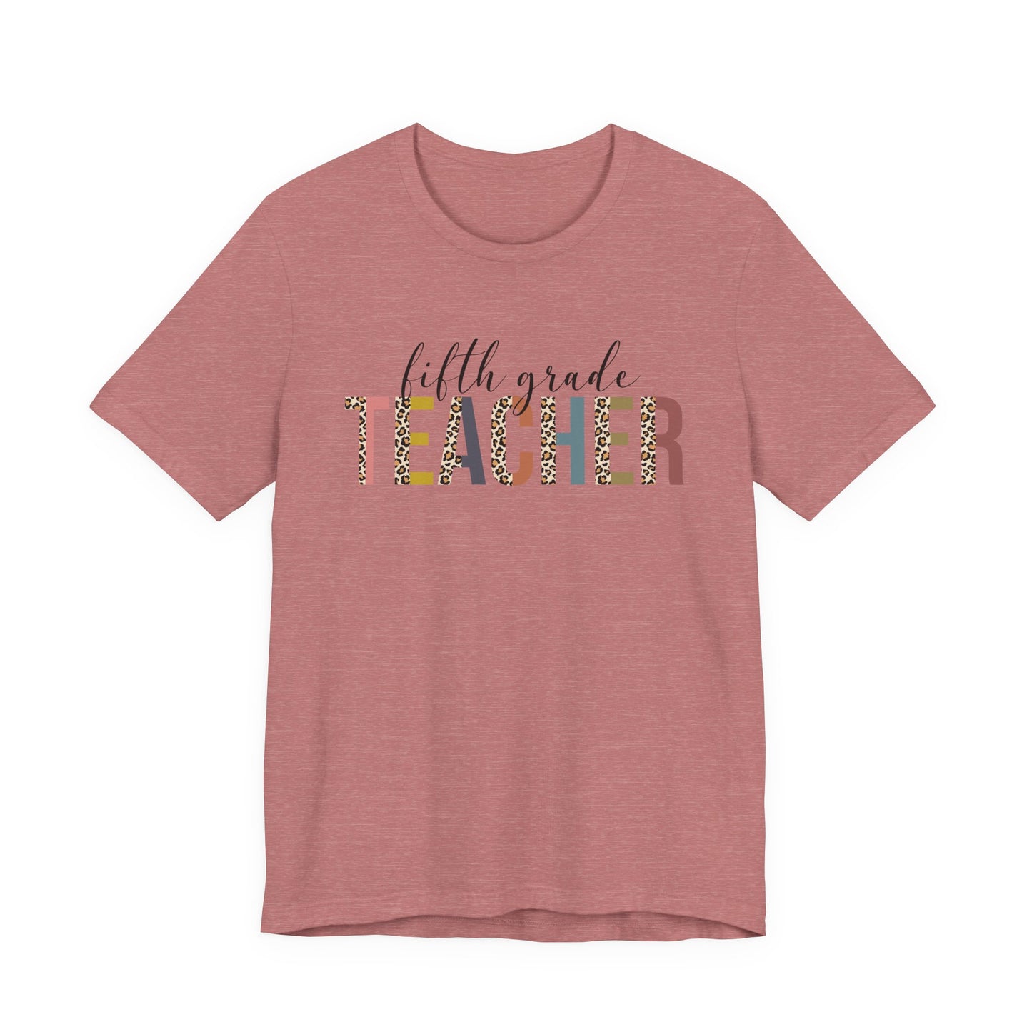 Fifth Grade Teacher Jersey Short Sleeve Tee, Leopard Print and Pastel Rainbow Design T-Shirt, School Teacher Gifts, Back to School