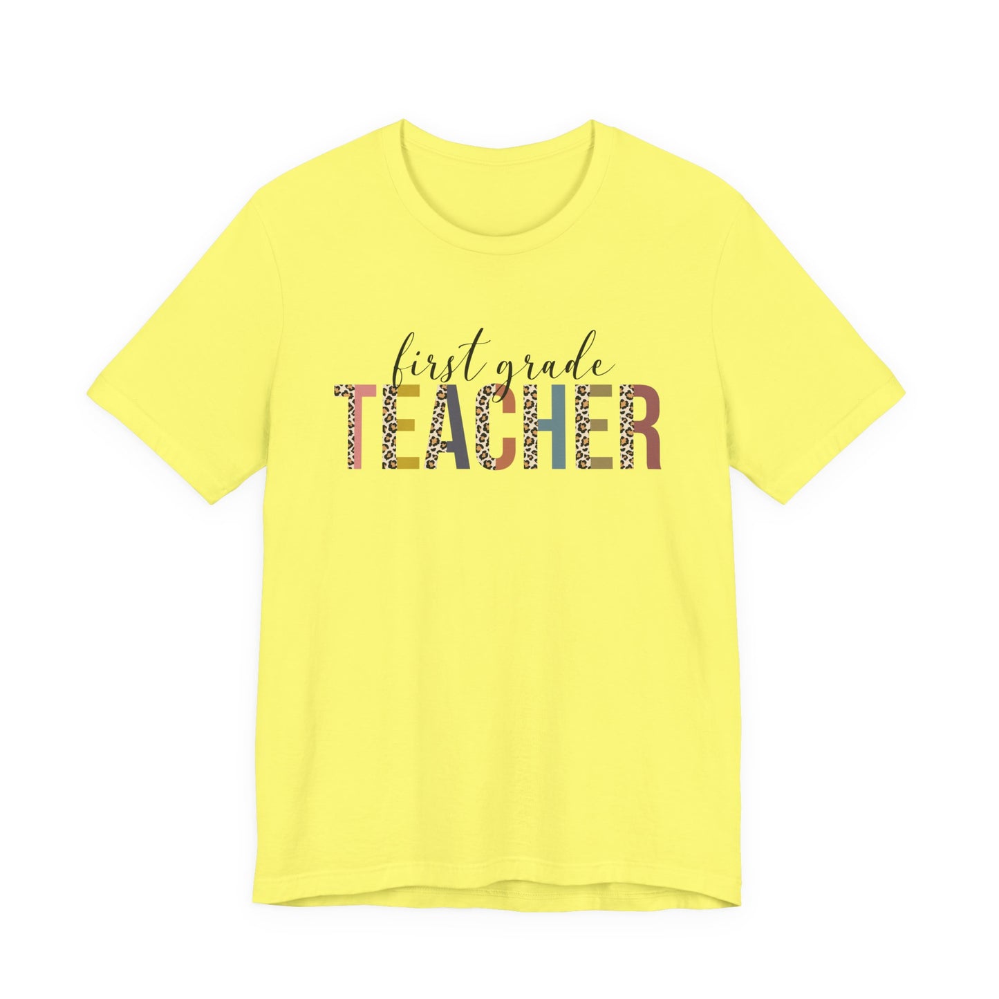 First Grade Teacher Jersey Short Sleeve Tee, Leopard Print and Pastel Rainbow Design T-Shirt, School Teacher Gifts, Back to School Tee