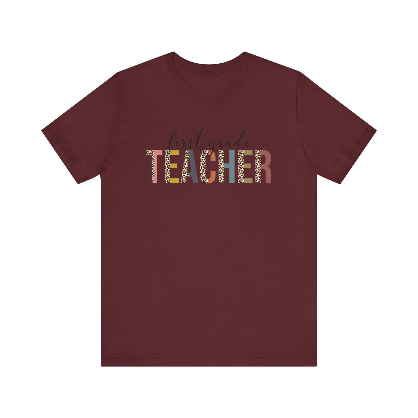 First Grade Teacher Jersey Short Sleeve Tee, Leopard Print and Pastel Rainbow Design T-Shirt, School Teacher Gifts, Back to School Tee