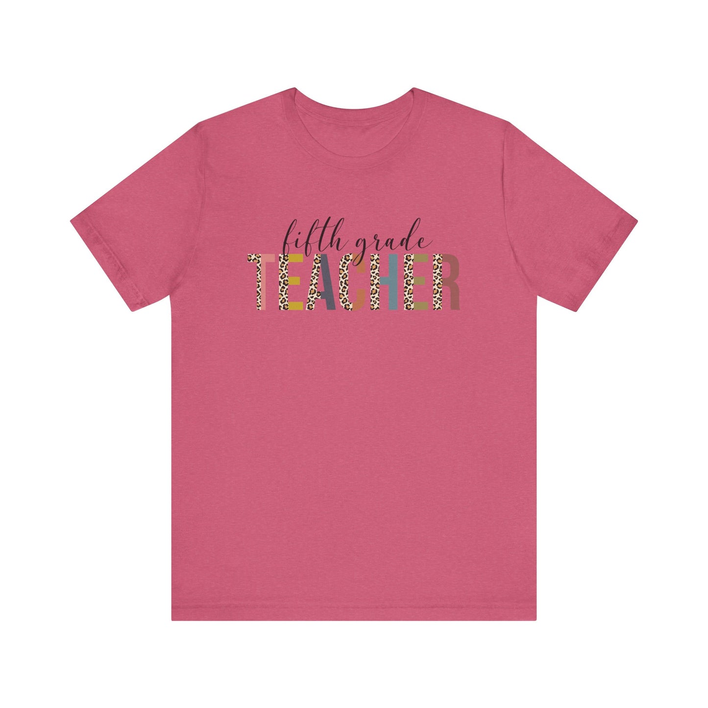 Fifth Grade Teacher Jersey Short Sleeve Tee, Leopard Print and Pastel Rainbow Design T-Shirt, School Teacher Gifts, Back to School